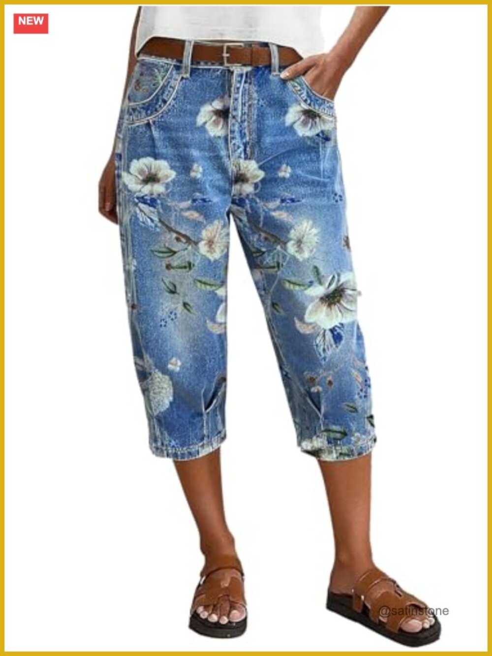 High Waist Straight Leg Capri Jeans with Floral Pattern Stitch Detail